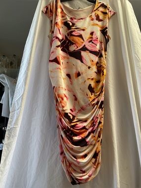 Jennifer Lopez Floral Ruched Sheath Dress in Pink, Cream & Brown